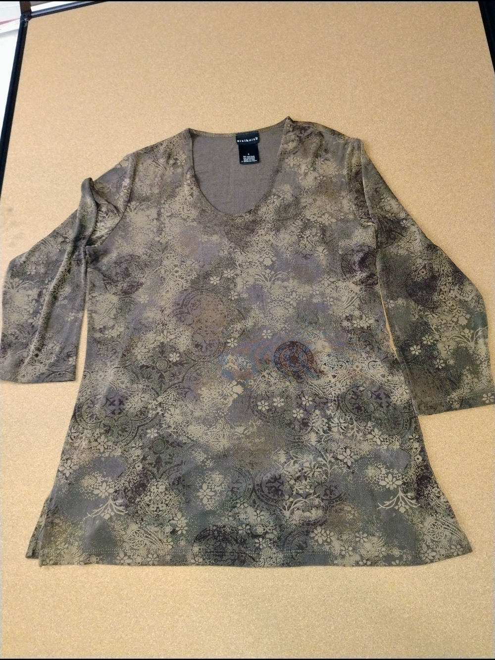 CitiKnit Women's Scoop Neck 3/4 Sleeve Top Shirt Blouse Brown Gold SZ S